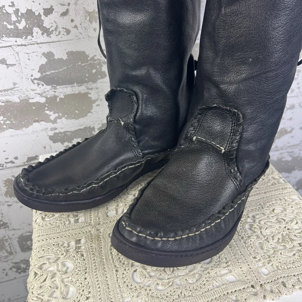 El Vaquero Black Majove Over The Knee Moccasin Boots Sz38 US 7.5-8 Leather Moto